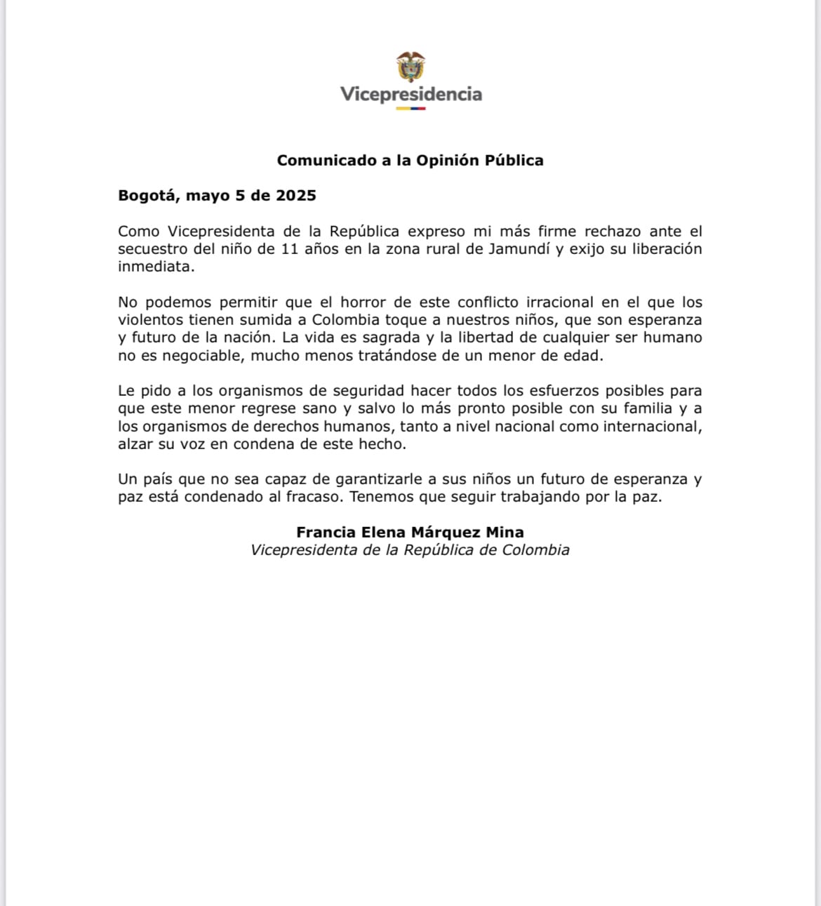 Comunicado Francia Márquez