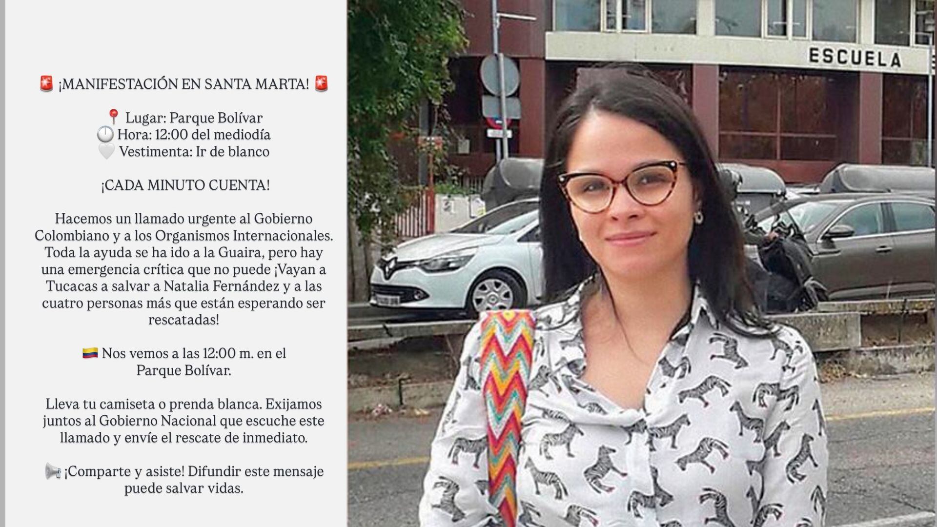 Familiares y allegados convocaron a una manifestación en Santa Marta para exigir que se refuercen las labores de rescate de Natalia Fernández Díazgranados en Tucacas.