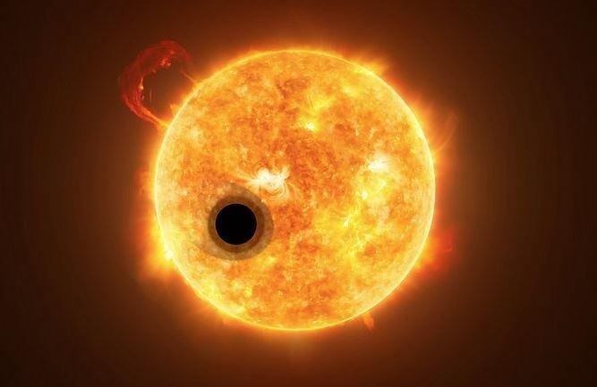 Representación artística de un exoplaneta en tránsito con una cola de helio en fuga.
ESA/HUBBLE, NASA, M. KORNMESSERR, CC BY 4.0
23/1/2023
