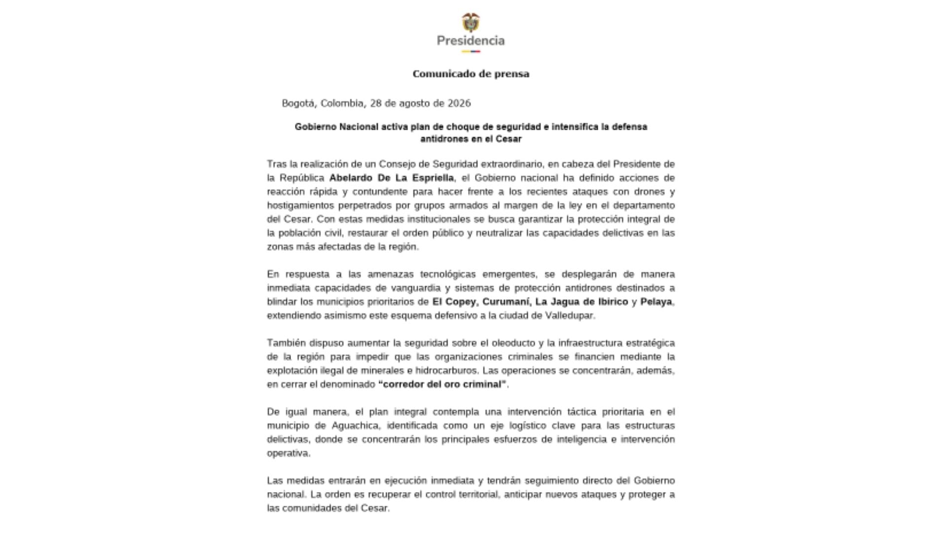 Comunicado de la Presidencia de la República con las medidas anunciadas por el Gobierno nacional tras el Consejo de Seguridad extraordinario en el Cesar.