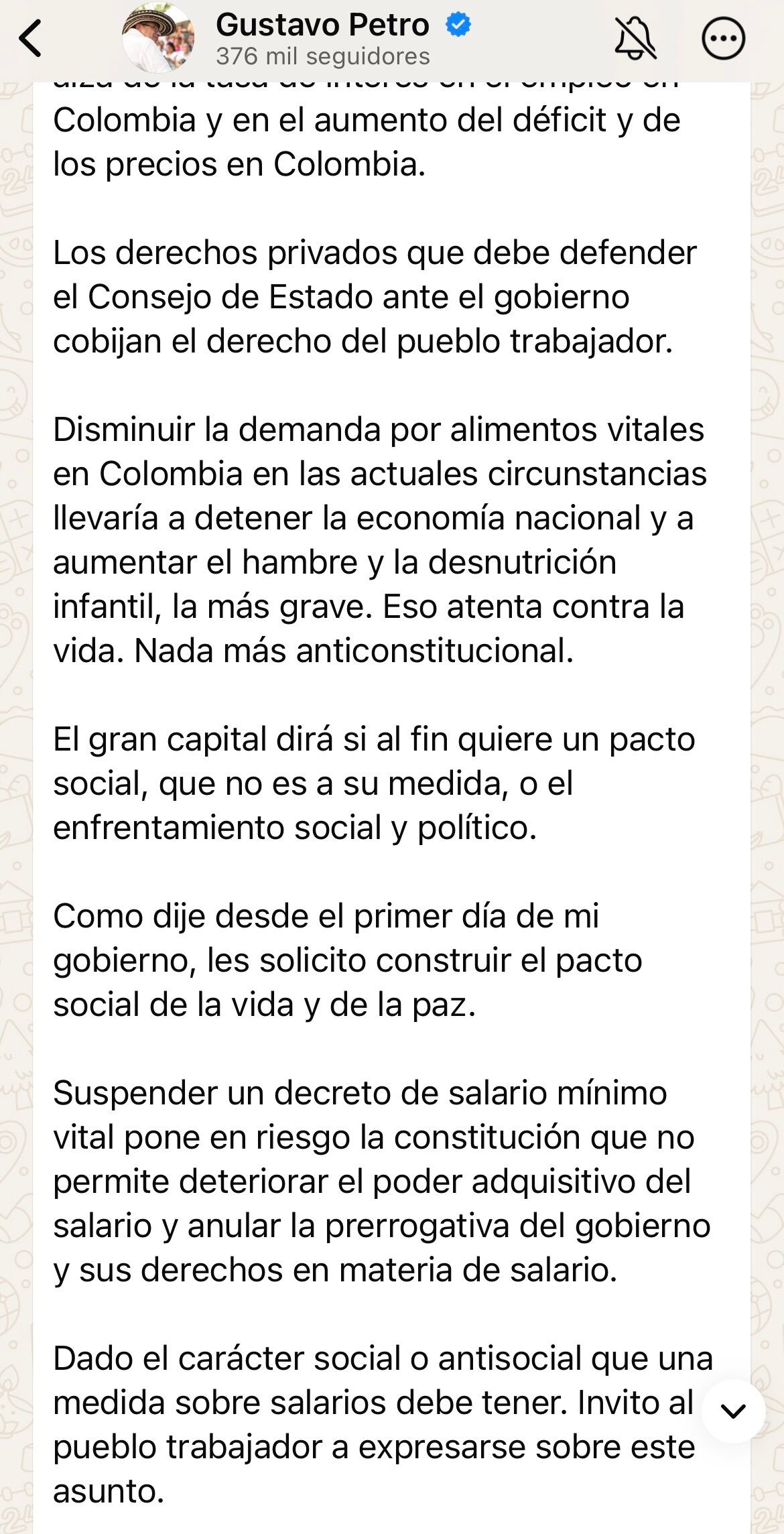 Mensaje presidente Gustavo Petro tras golpe que recibió el salario mínimo que decreto