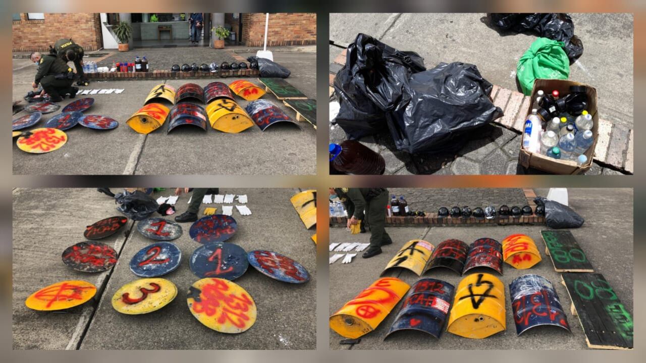 Elementos decomisados a manifestantes en Bogotá.