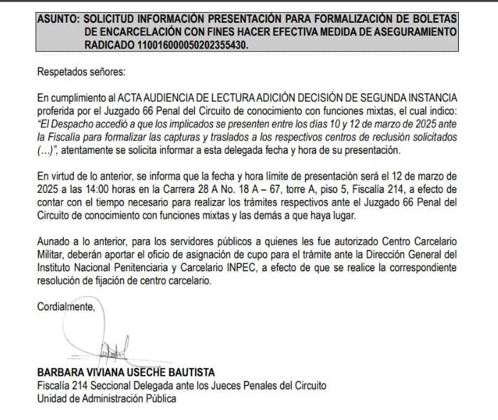 Esta es la citación para formalizar capturas y traslados de los guardias del Inpec.