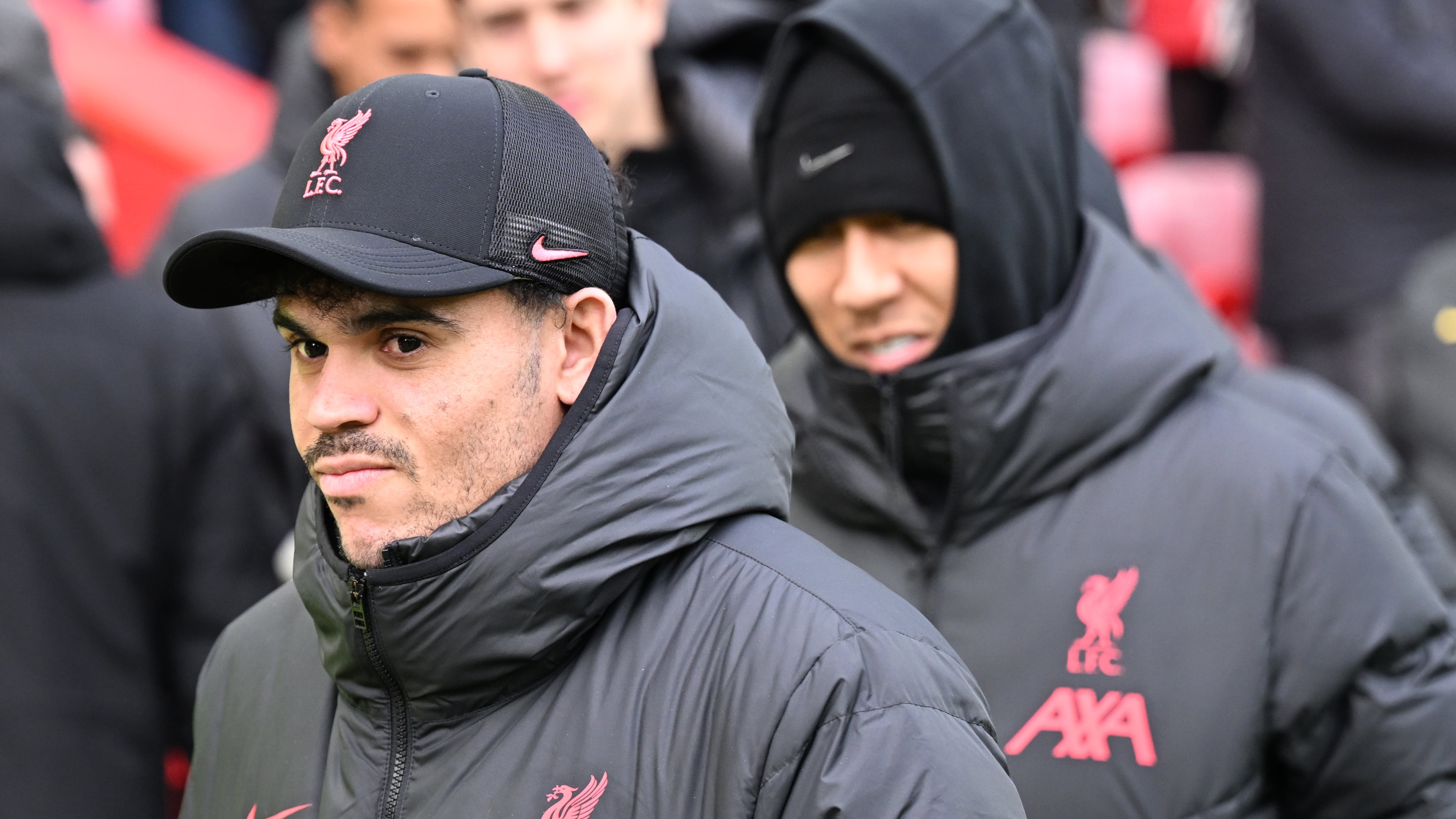 LIVERPOOL, ENGLAND - JANUARY 21: ( THE SUN OUT. THE SUN ON SUNDAY OUT ) Roberto Firmino of Liverpool Luis Diaz of Liverpool before the Premier League match between Liverpool FC and Chelsea FC at Anfield on January 21, 2023 in Liverpool, England. (Photo by Andrew Powell/Liverpool FC via Getty Images)