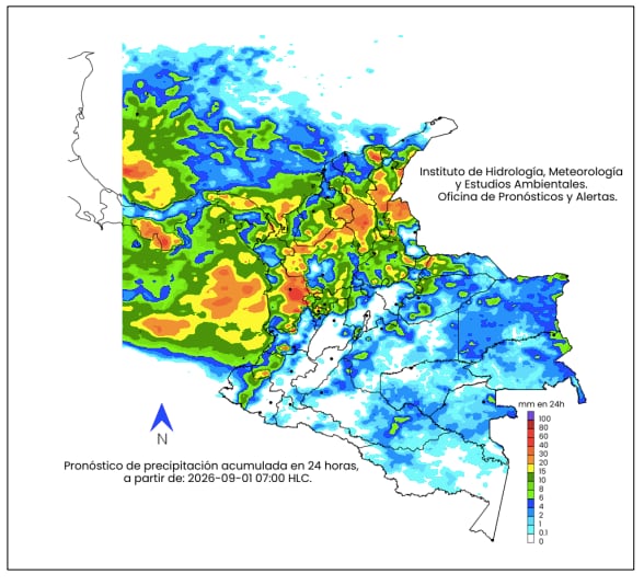 La escala de colores indica la cantidad
de precipitación acumulada (en milímetros).