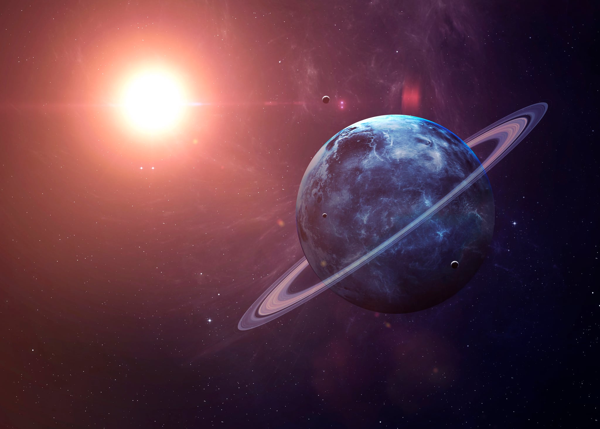 Urano con lunas disparadas desde el espacio mostrando toda su belleza. Imagen extremadamente detallada, incluidos los elementos proporcionados por la NASA. Otras orientaciones y planetas disponibles.