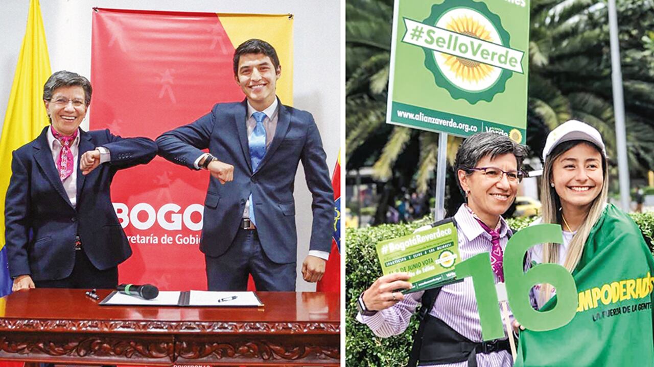 La alcaldesa de Bogotá, Claudia López, junto al alcalde local de Suba, Julián Moreno (izquierda), y Camila Farfán (derecha).