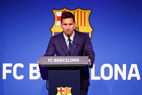 BARCELONA, SPAIN - AUGUST 08: Lionel Messi of FC Barcelona faces the media during a press conference at Nou Camp on August 08, 2021 in Barcelona, Spain. (Photo by Eric Alonso/Getty Images)