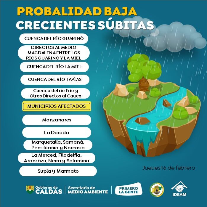 Varias localidades de Caldas tiene probabilidad baja de creciente súbita