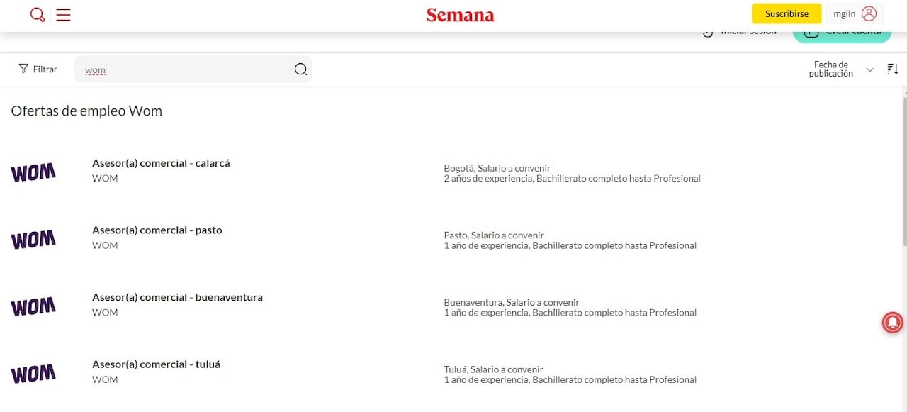 Vacantes que tiene disponibles Wom para el país.