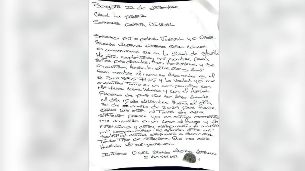 Carta del Negro Ober en donde denuncia que delincuentes de Barranquilla están usando su buen nombre para cometer delitos.