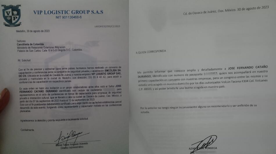 Documentos con sello de la compañía de logística para viaje a México de José Fernando Cataño Durango.