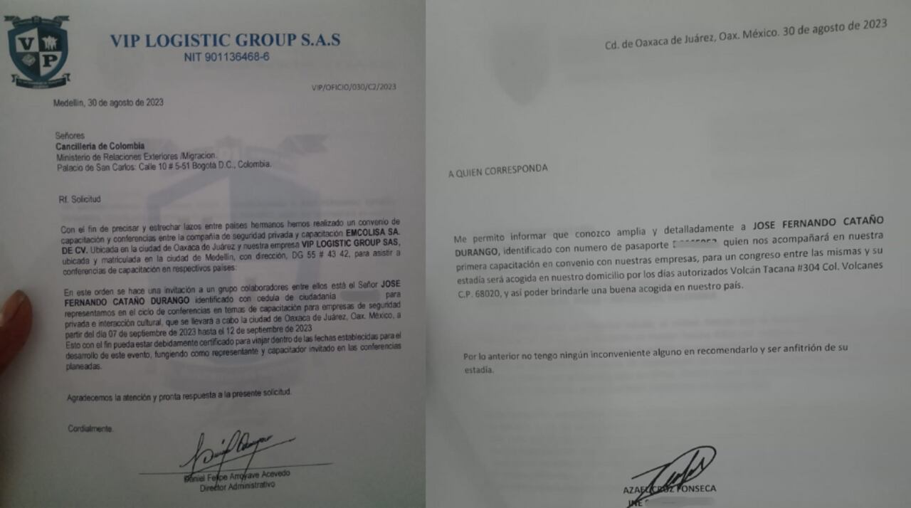 Documentos con sello de la compañía de logística para viaje a México de José Fernando Cataño Durango.