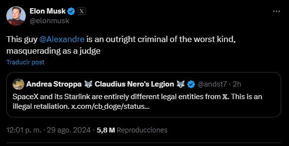 Mensaje de Elon Musk al juez de la Corte Suprema de Brasil.