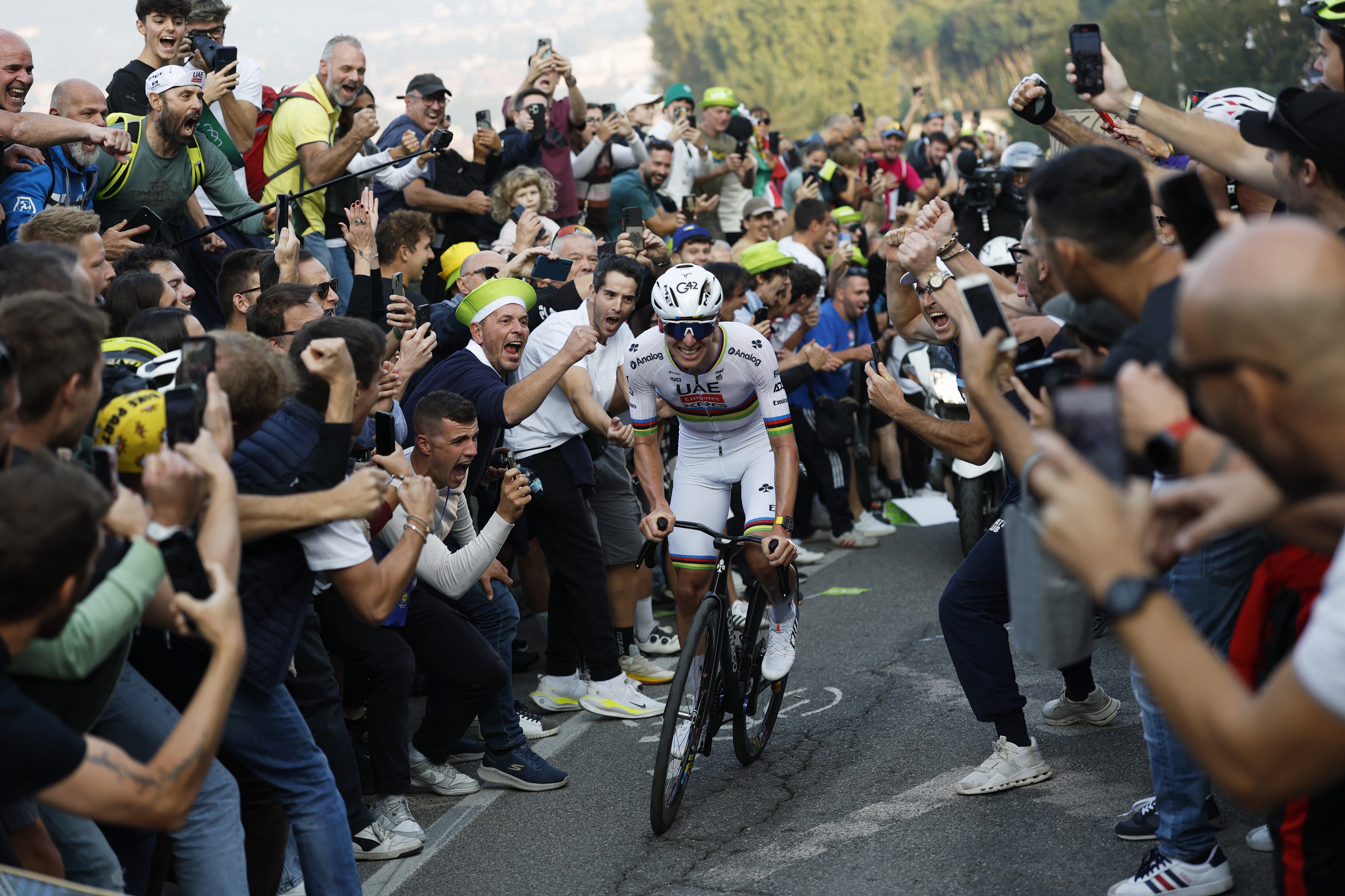 Reigning World Champion Tadej Pogacar pedals on his way to win Il Lombardia, Tour of Lombardy cycling race, in Bergamo, Italy, Saturday, Oct. 11, 2025. (Luca Bettini, LaPresse Pool via AP)