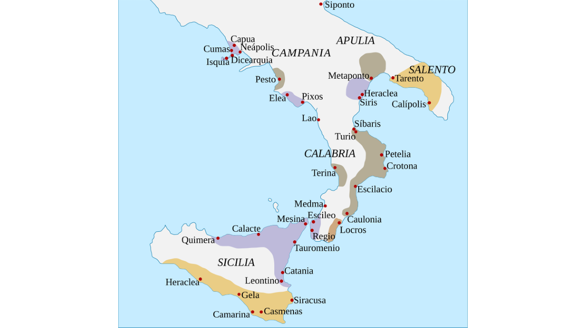 Antiguas colonias griegas de la Magna Grecia y dialectos. Wikimedia Commons, CC BY-SA