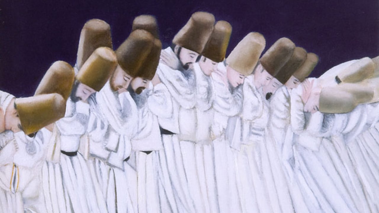 Tabla titulada Derviches, de Franco Battiato, que firmaba su pintura como Süphan Barzani. Battiato.it