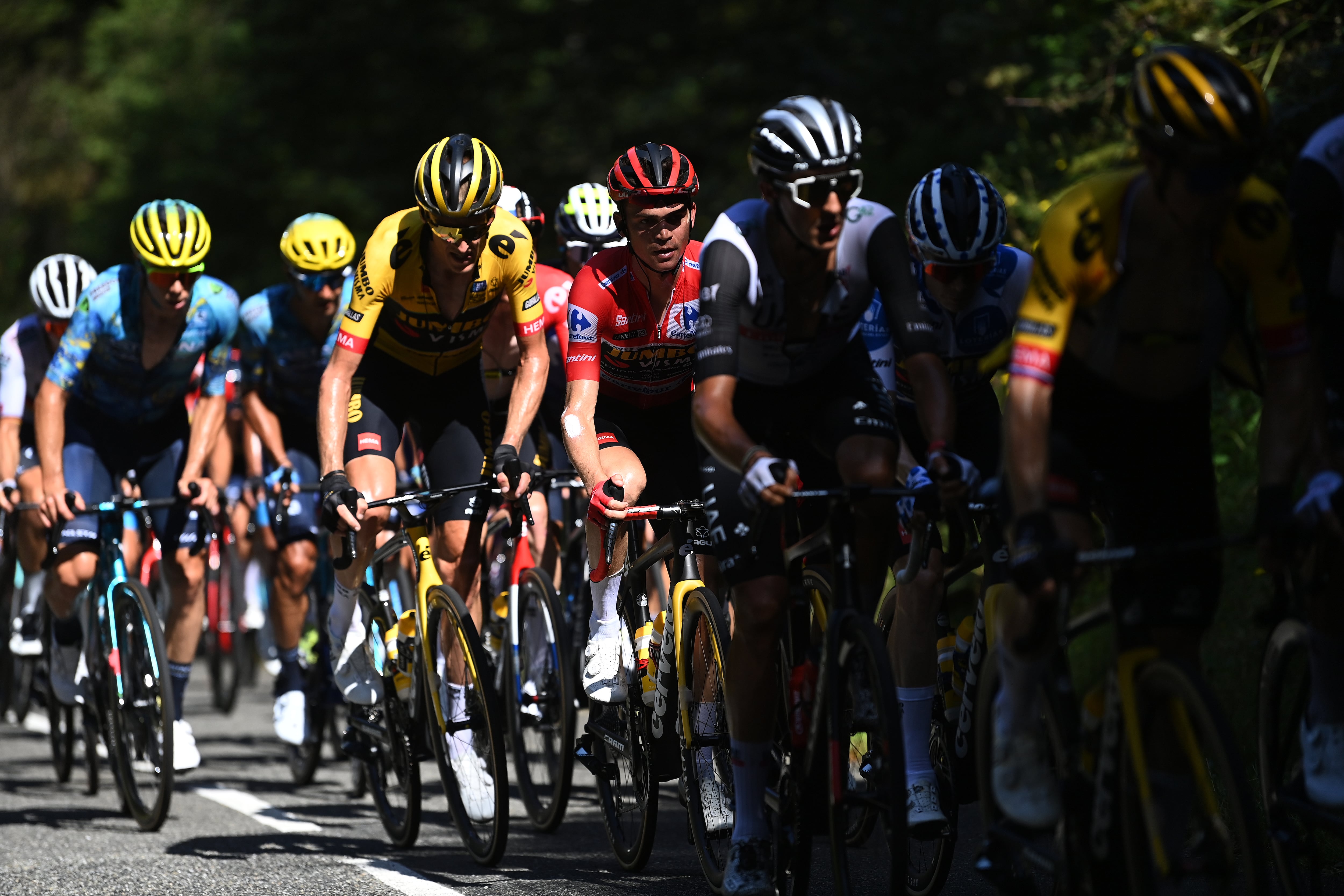 LARRA-BELAGUA, SPAIN - SEPTEMBER 09: Sepp Kuss of The United States and Team Jumbo-Visma - Red Leader Jersey competes during the 78th Tour of Spain 2023, Stage 14 a 156.2km stage from Sauveterre-de-Béarn to Larra-Belagua 1588m / #UCIWT / on September 09, 2023 in Larra-Belagua, Spain. (Photo by Tim de Waele/Getty Images)