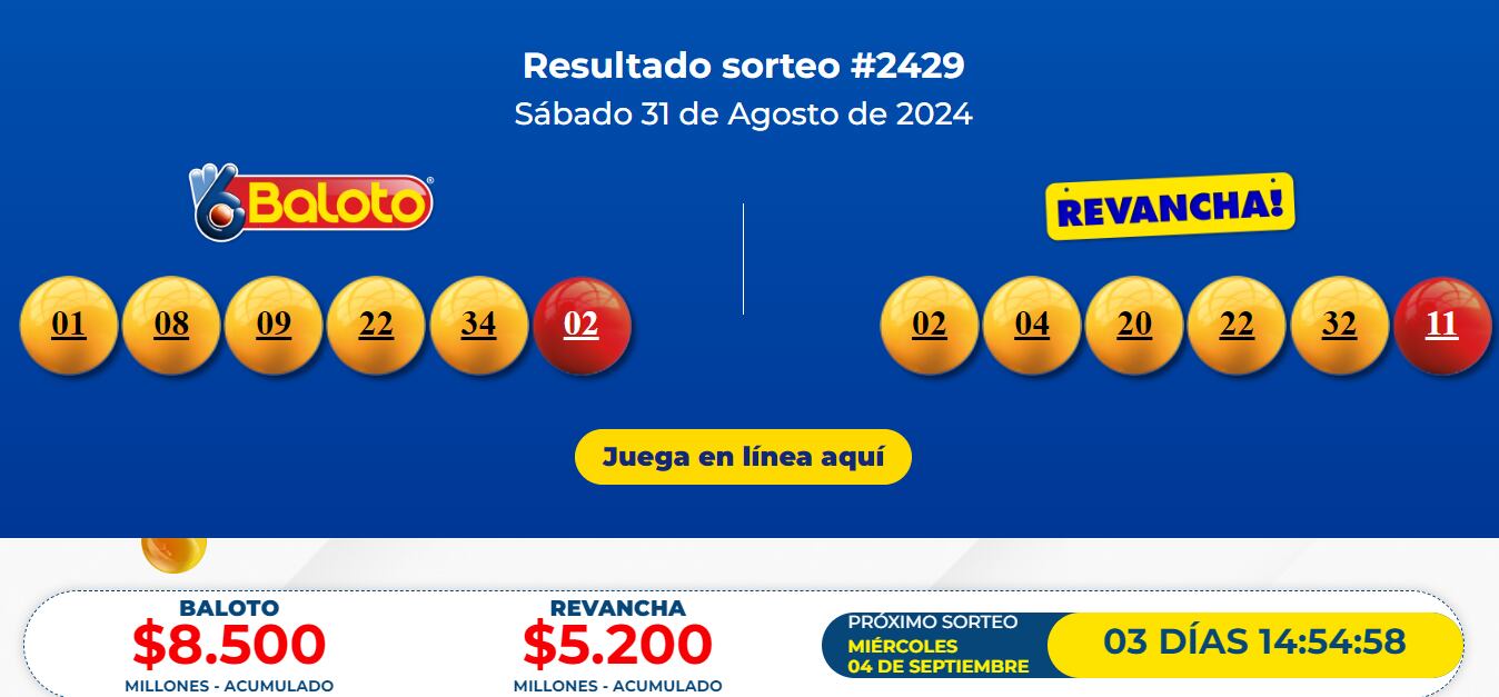 Resultados del sorteo de Baloto y Revancha del sábado 31 de agosto de 2024.