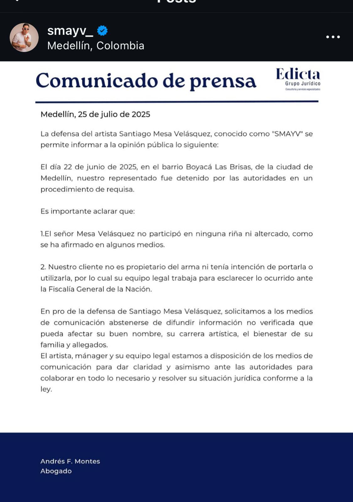 El comunicado de la expareja de Karina García, Santiago Mesa 'Smayv'.