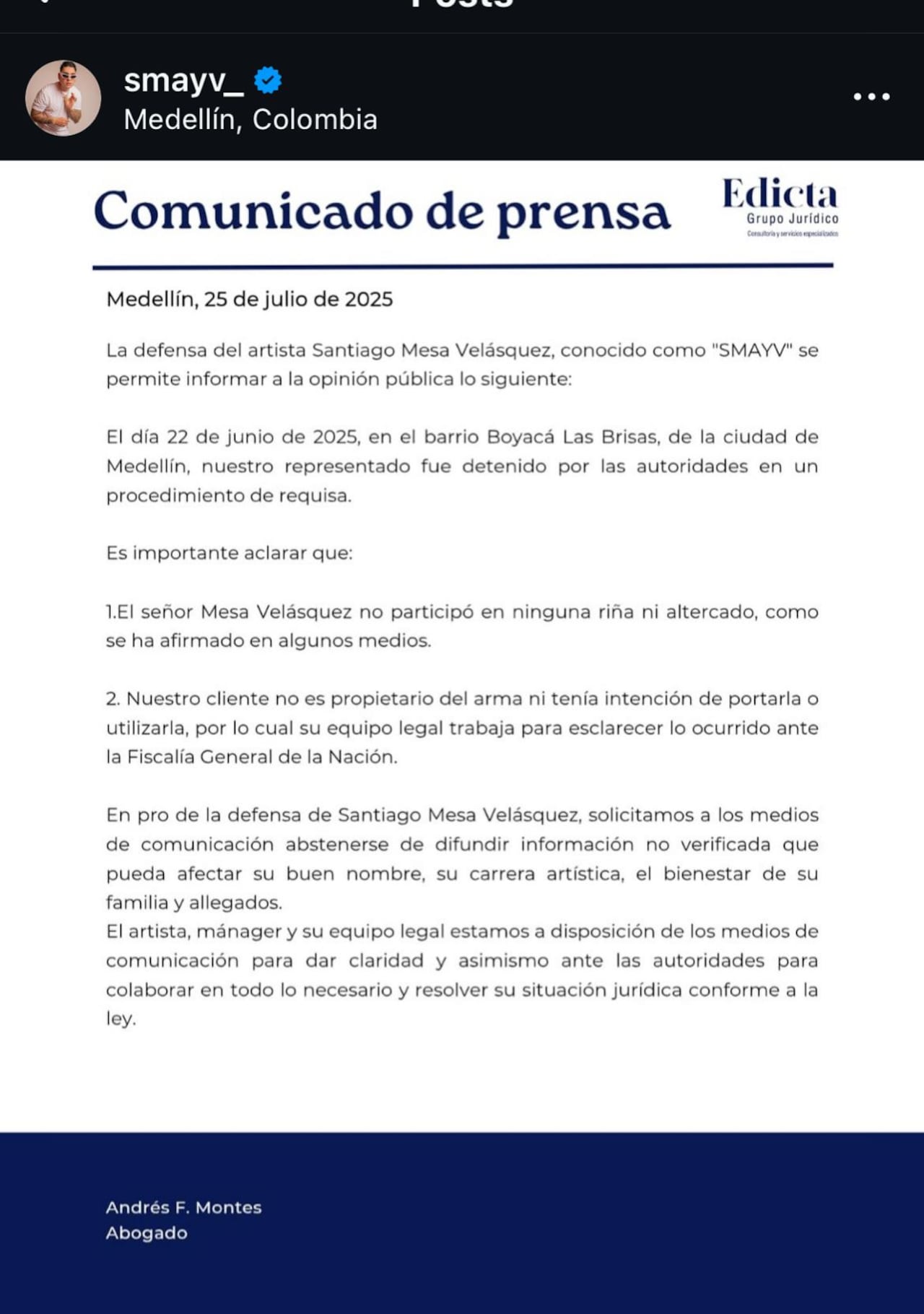 El comunicado de la expareja de Karina García, Santiago Mesa 'Smayv'.