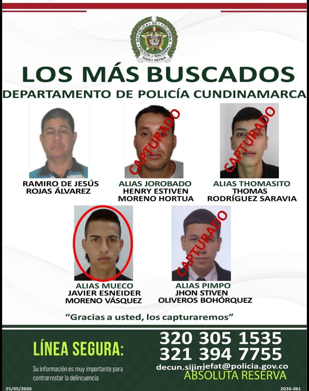 Letrero de los más buscados de Cundinamarca, en un círculo rojo, alias Mueco.