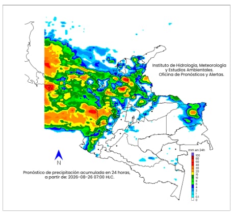 Mapa climatológico para el miércoles 16 de agosto en Colombia.
