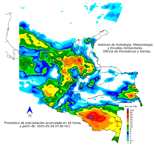 Fuente: Ideam.
Nota: La escala de colores indica la cantidad de
precipitación acumulada (en milímetros).