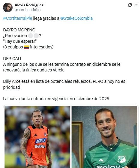 Pantallazo del trino del periodista Alexis Rodríguez sobre la información de Billy Arce y Deportivo Cali.