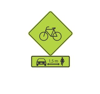 Esta es la señal SP-59, la cual indica que hay presencia de ciclistas en la vía y que se complementa con la distancia de seguridad para ellos.