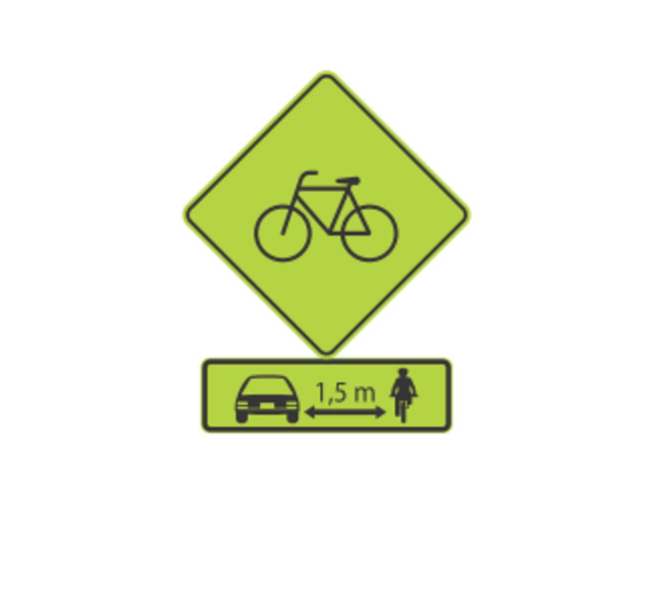 Esta es la señal SP-59, la cual indica que hay presencia de ciclistas en la vía y que se complementa con la distancia de seguridad para ellos.