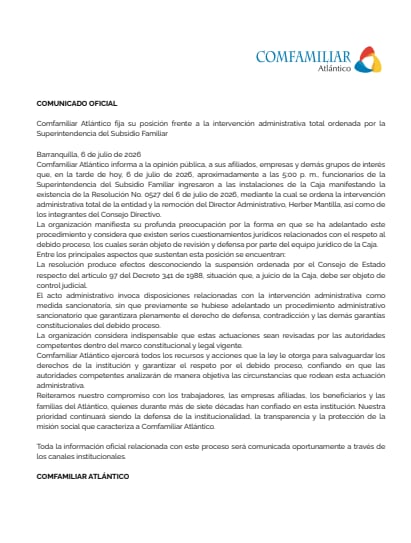 Comunicado de Comfamiliar Atlántico.