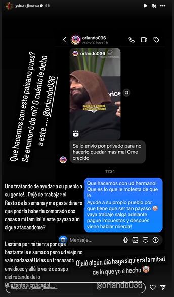 Historia que publicó Yeison Jiménez tras insulto de un seguidor.