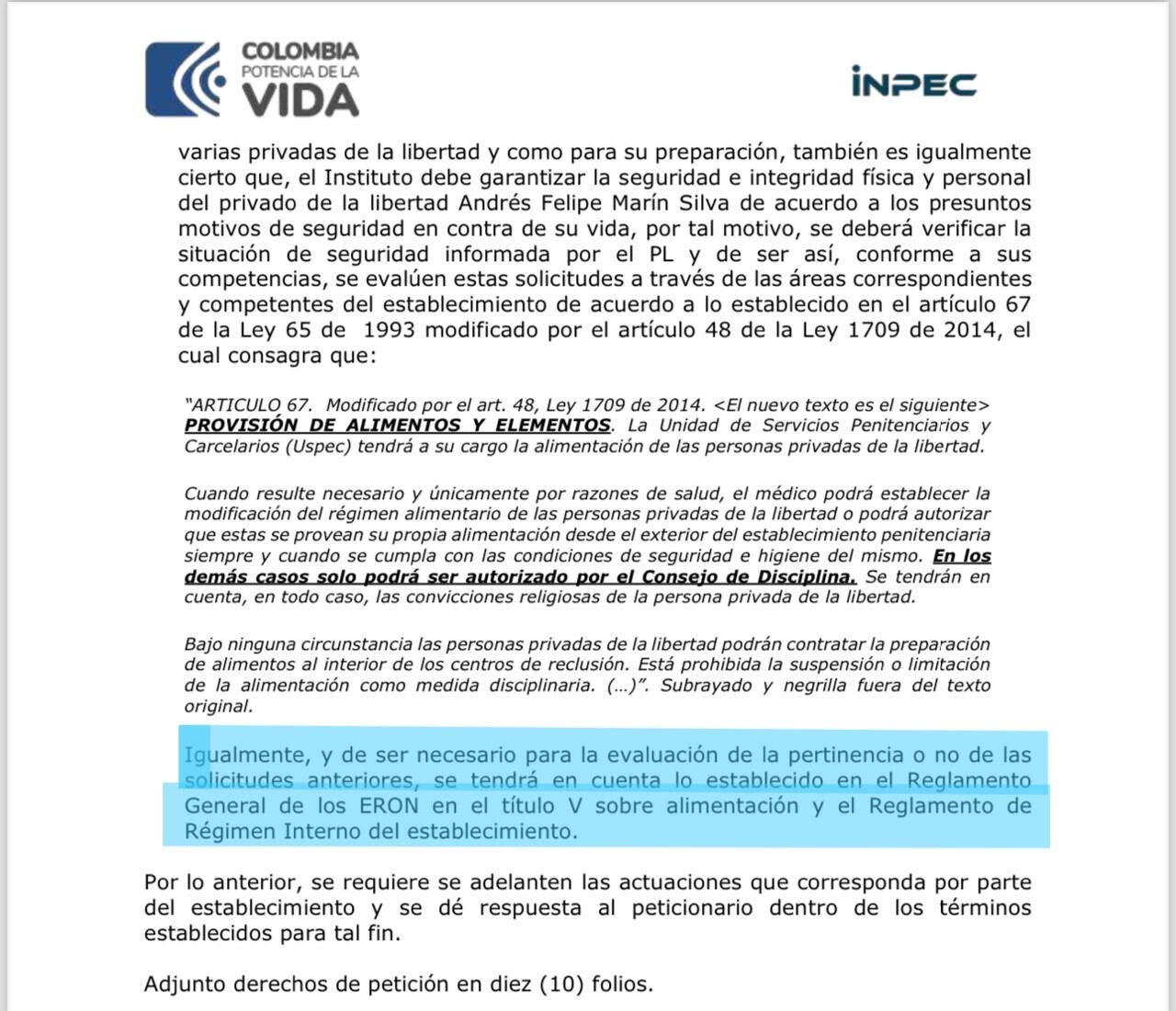 Con este documento, desde la dirección del Inpec, afirmaron que la decisión de dejar ingresar los elementos prohibidos fue tomada en Ibagué.