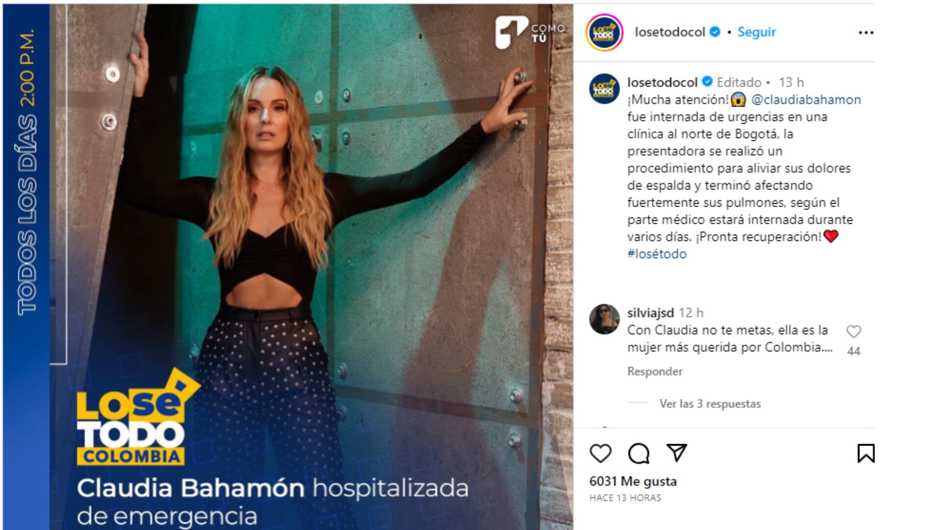 Claudia Bahamón estaría hospitalizada al norte de Bogotá.