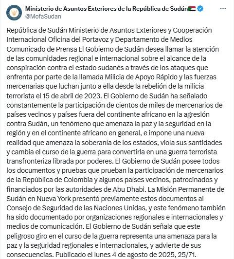 El Gobierno de Sudán denuncia la participación de mercenarios de Colombia, vinculados con el grupo paramilitar Fuerzas de Apoyo Rápido (FAR), en el conflicto en curso en el país africano.