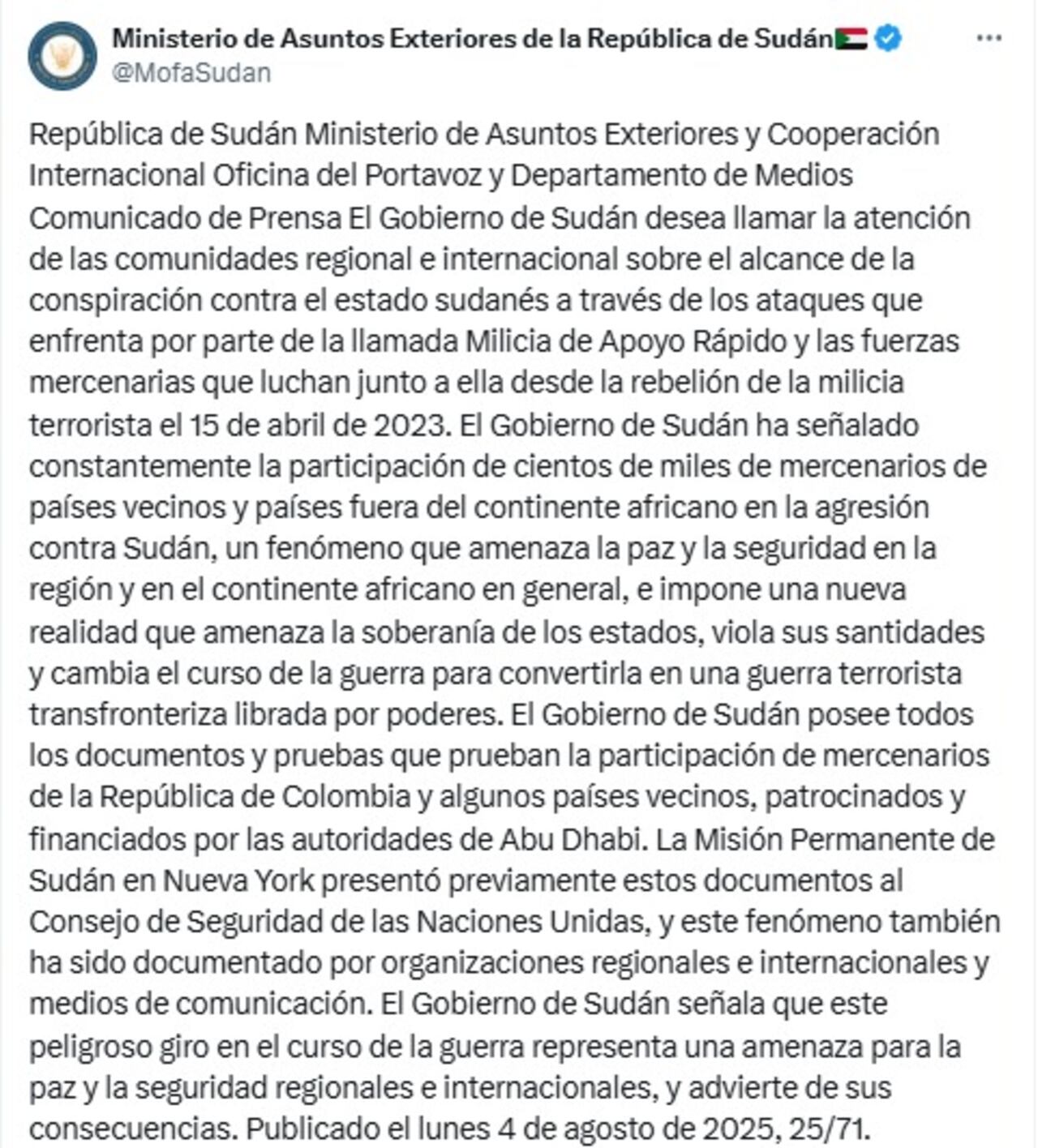 El Gobierno de Sudán denuncia la participación de mercenarios de Colombia, vinculados con el grupo paramilitar Fuerzas de Apoyo Rápido (FAR), en el conflicto en curso en el país africano.