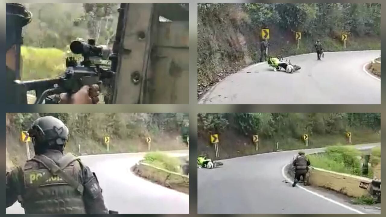 Momento en el que los policías son atacados desde el monte por criminales que pretendían asaltar un camión de valores en el Cesar.