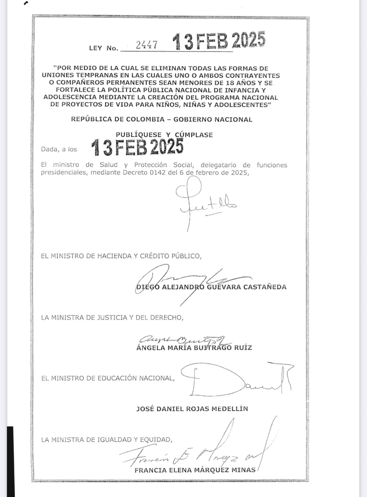 Sanción de la ley que prohíbe el matrimonio infantil en Colombia