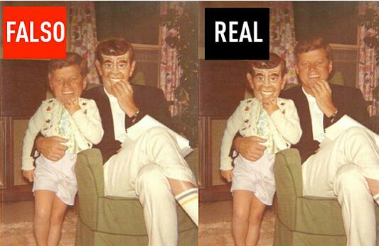 La foto de la izquierda supuestamente muestra a John Kennedy y a su hija llevando una careta con la efigie de su padre. En realidad las caras están intercambiadas y la auténtica imagen es la de la derecha.
