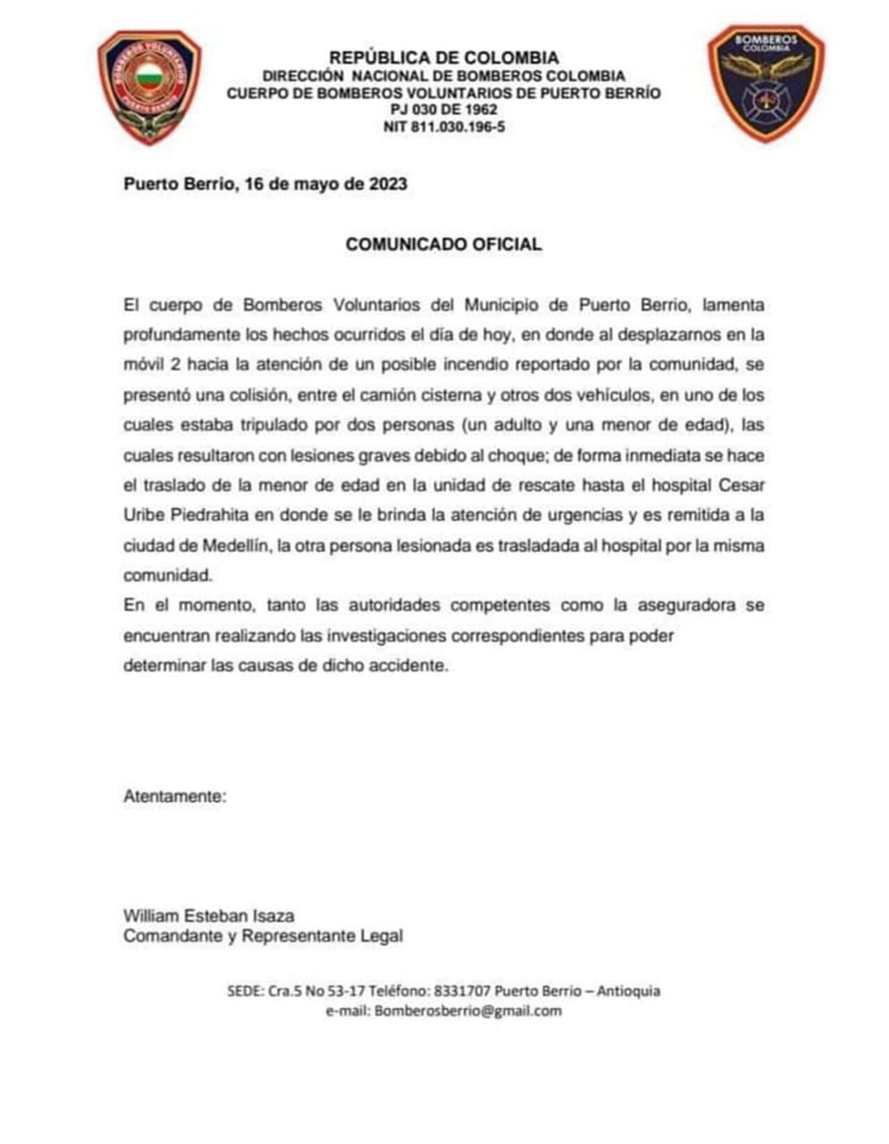 Tragedia en Antioquia: una niña fue atropellada por el vehículo de los bomberos y murió.