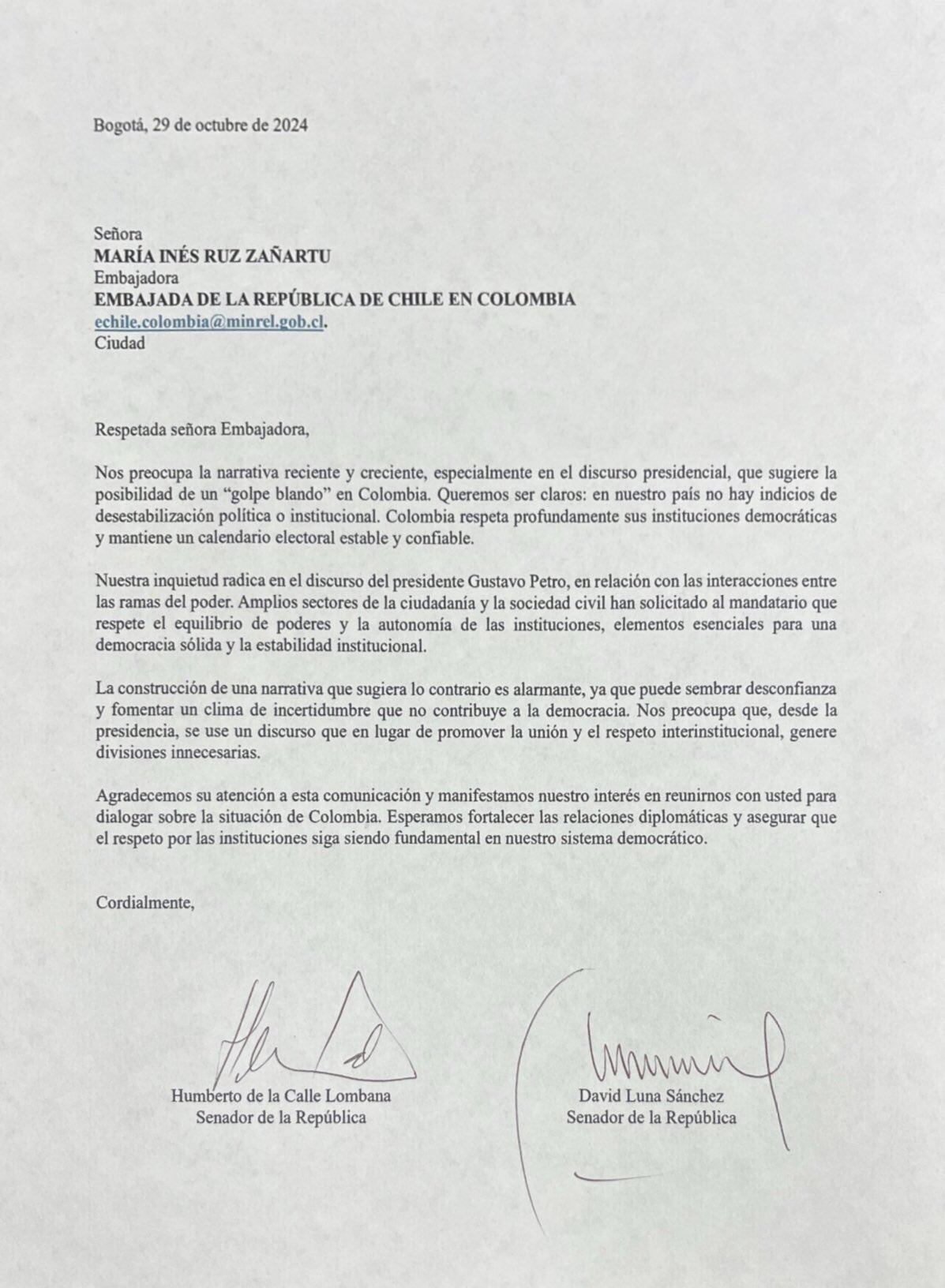 Carta de los senadores a embajadas en Colombia