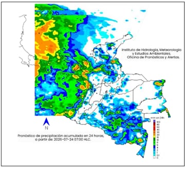 Mapa del clima en Colombia para el viernes 24 de julio.