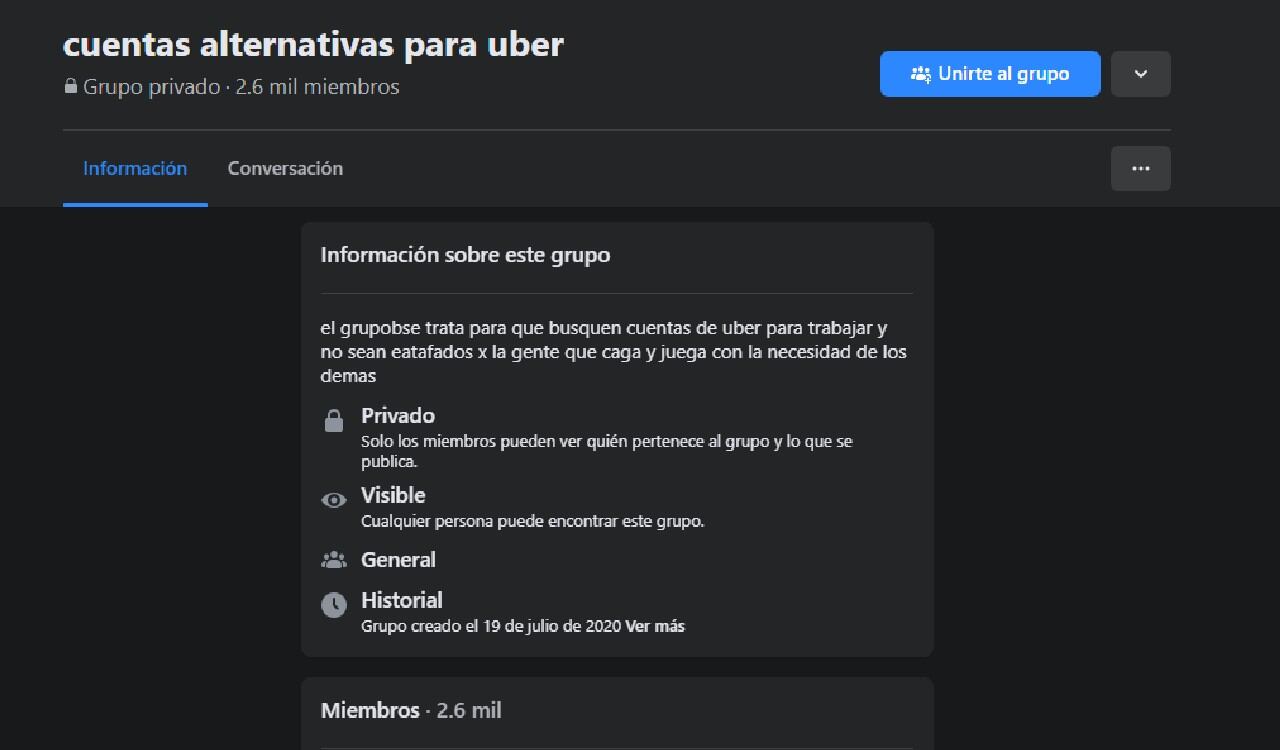 Este es uno de los grupos de Facebook que ofrece cuentas de Uber