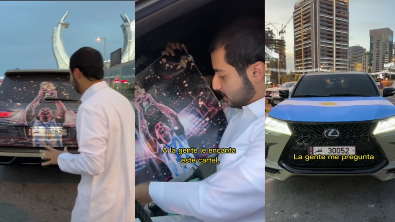 El catarí fanático de Messi y Argentina lleva símbolos de esa selección en su camioneta.