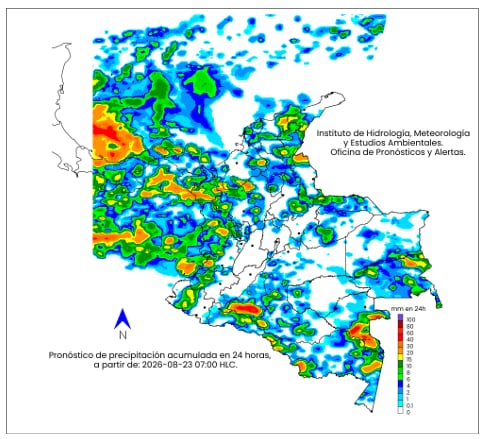 Mapa del clima en Colombia para el domingo 23 de agosto.