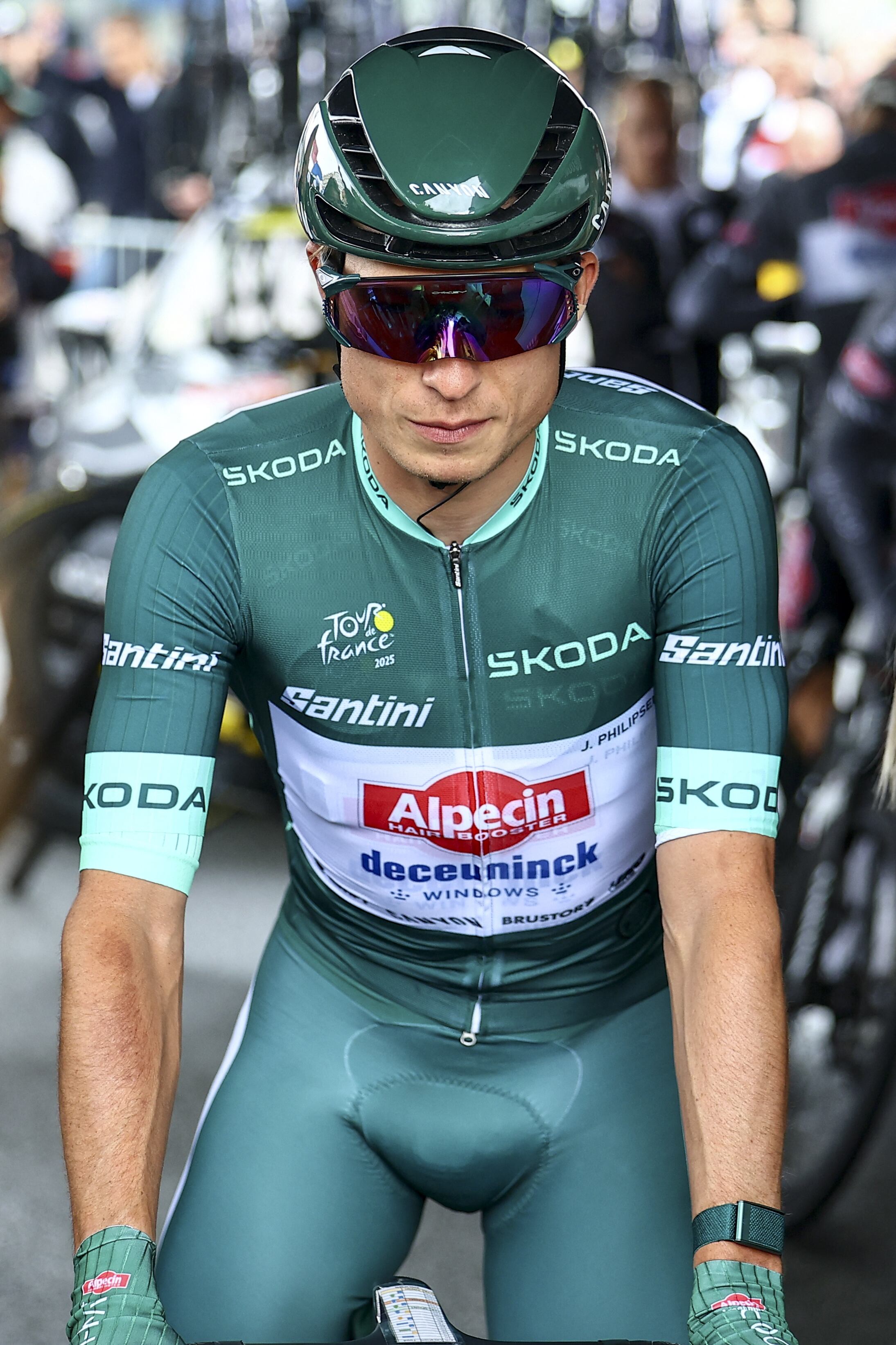 Belgian Jasper Philipsen of Alpecin-Deceuninck wearing the green jersey pictured at the start of the third stage of the 2025 Tour de France cycling, from Valenciennes to Dunkerque (178 km) on Monday 07 July 2025 in France. The 112th edition of the Tour de France starts on Saturday 5 July in Lille, France, and will finish in Paris, France on the 27th of July. BELGA PHOTO DAVID PINTENS (Photo by DAVID PINTENS / BELGA MAG / Belga via AFP)
