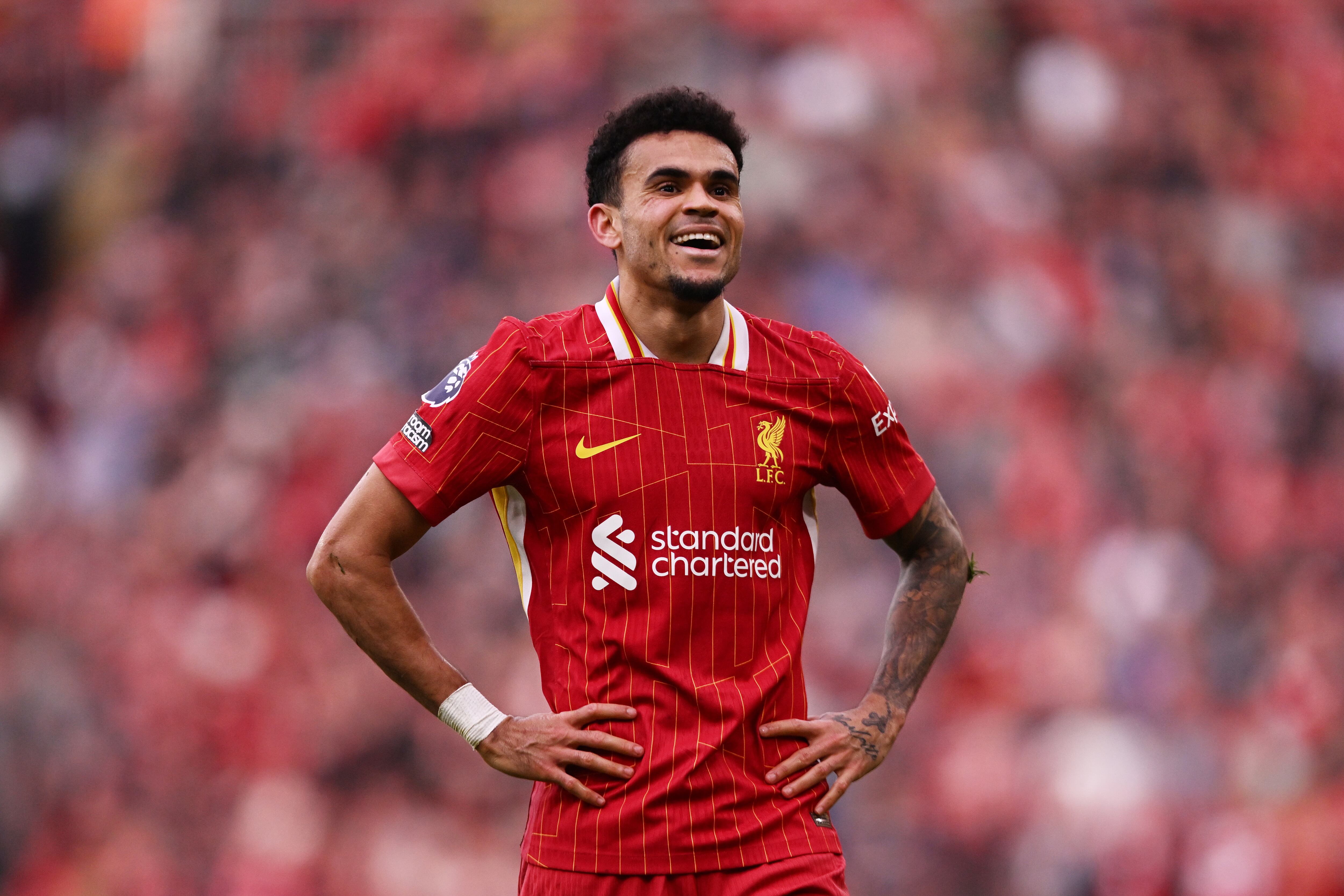 LIVERPOOL, ENGLAND - MARCH 08: (SUN OUT, SUN ON SUNDAY OUT) Luis Diaz of Liverpool reacts during the Premier League match between Liverpool FC and Southampton FC at Anfield on March 08, 2025 in Liverpool, England. (Photo by Liverpool FC/Liverpool FC via Getty Images)
