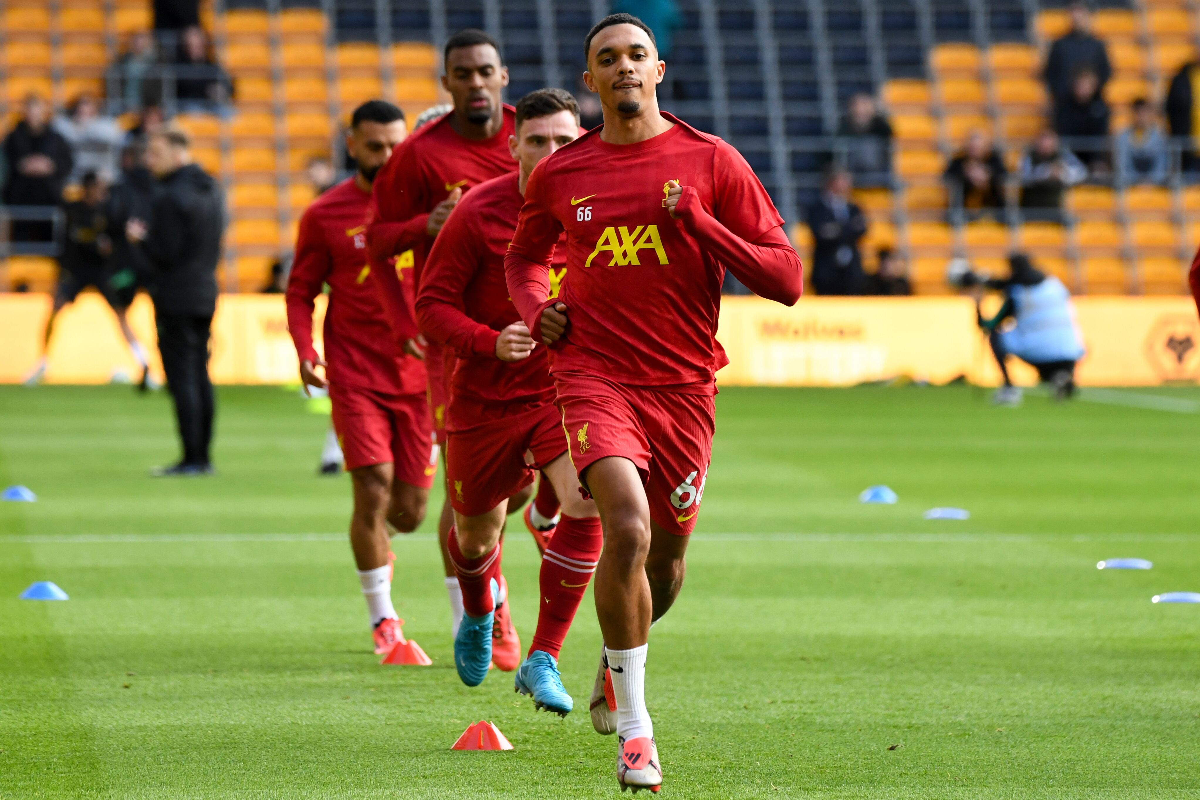 Liverpool's Trent Alexander-Arnold warms up prior to the English Premier League soccer match between Wolverhampton Wanderers and Liverpool at the Molineux Stadium in Wolverhampton, England, Saturday, Sept. 28, 2024. (AP Photo/Rui Vieira)