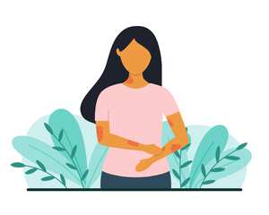 Mujer con problemas de piel. Concepto de psoriasis o eccema. Ilustración de vector de estilo plano.